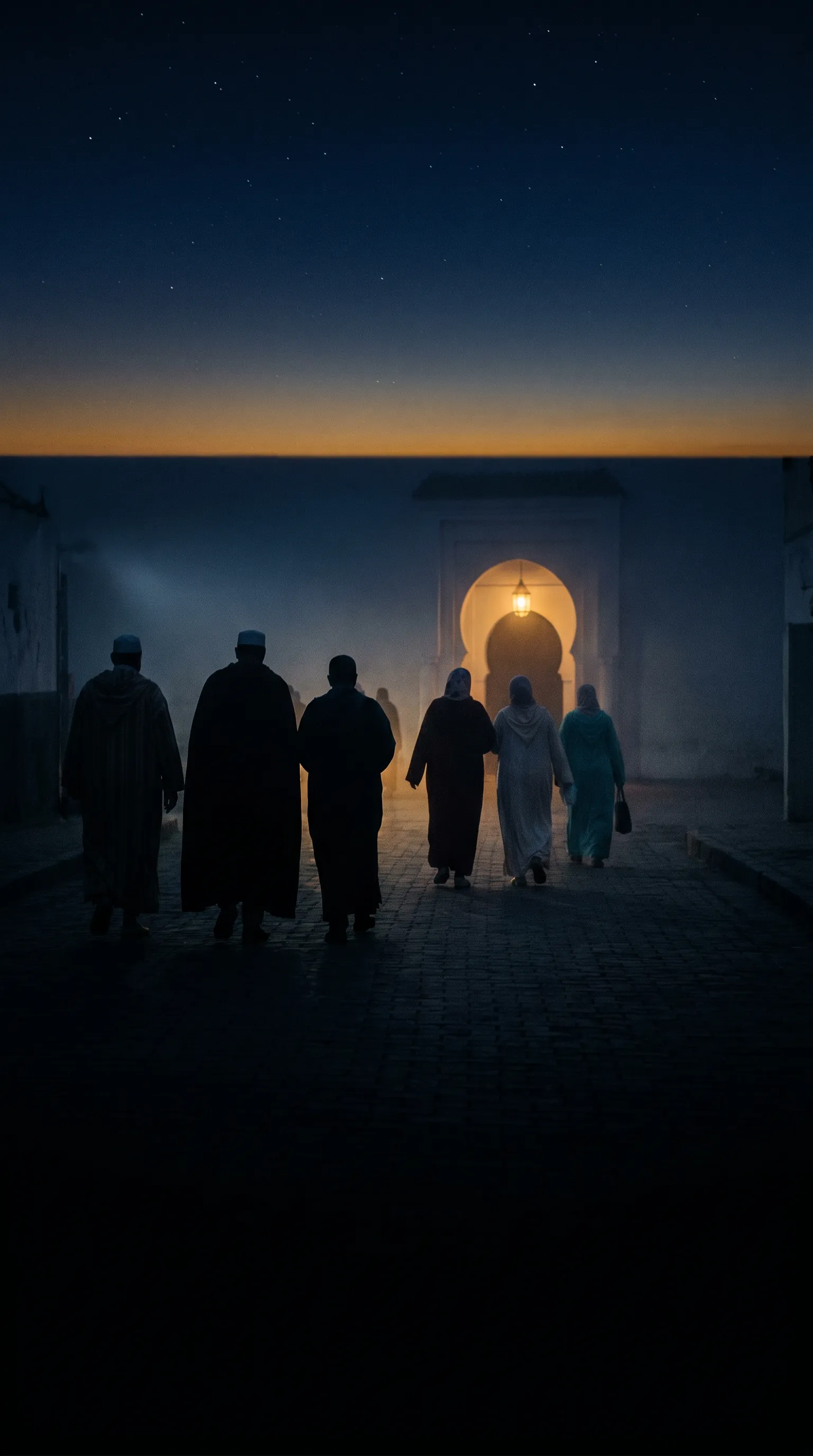 A group of Muslims walking toward a lit masjid before dawn